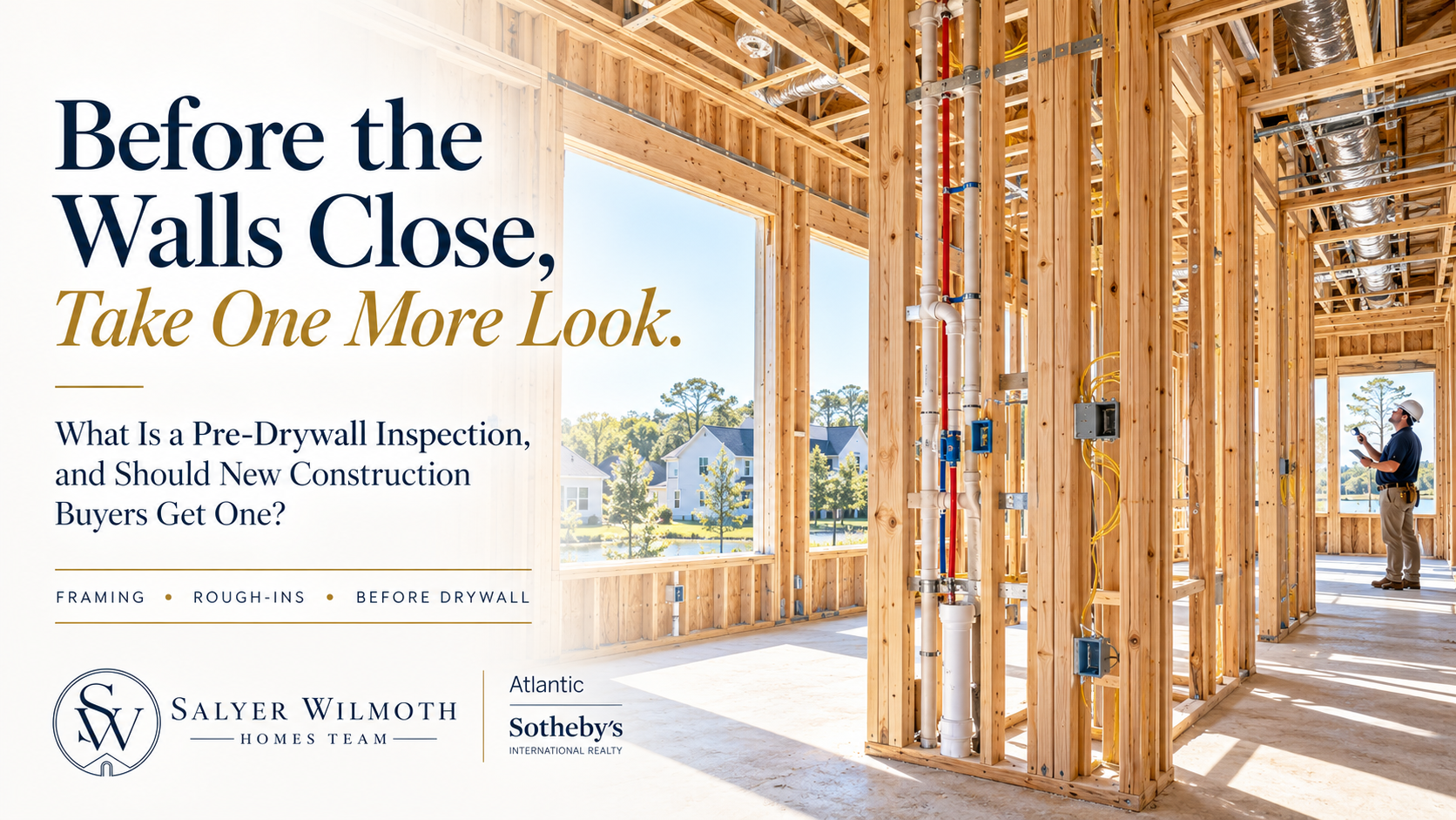 New construction home in Hampton Roads with exposed framing, electrical, plumbing and HVAC visible before drywall installation