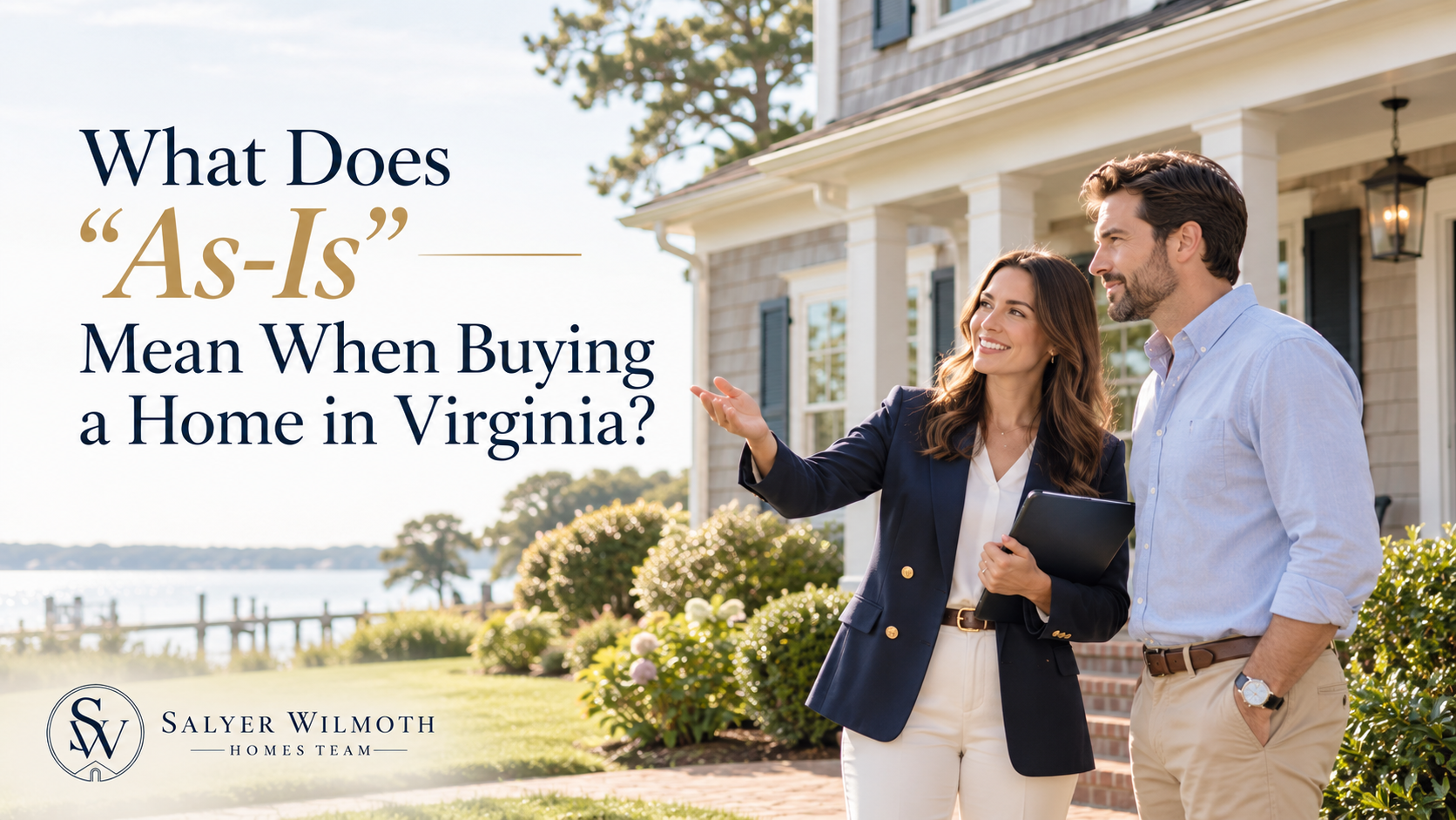 A prospective homebuyer and real estate agent evaluating the exterior condition of a traditional coastal Virginia home during a property showing.