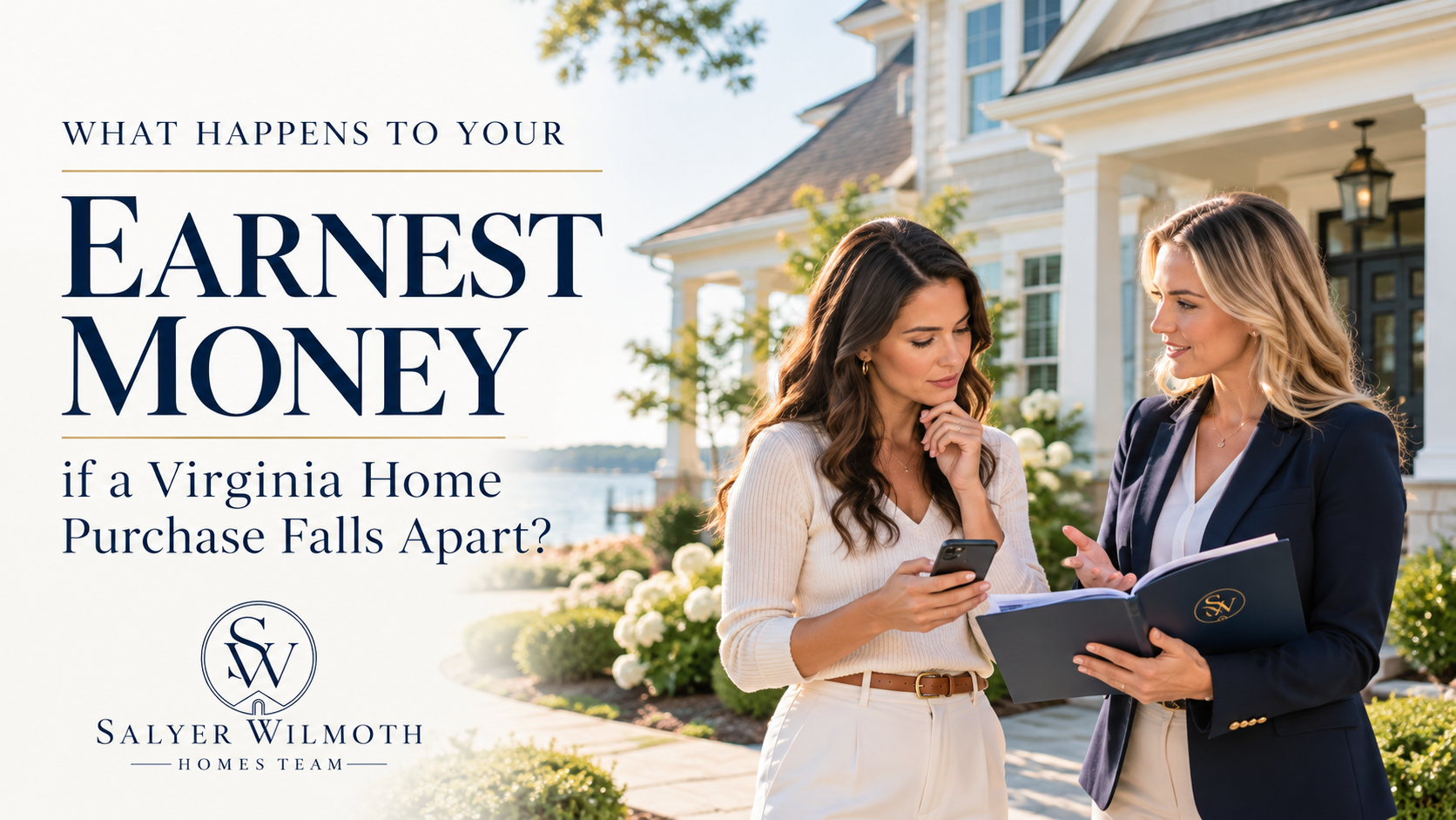 Virginia homebuyer reviewing earnest money and purchase contract details with a real estate agent outside a Hampton Roads home.