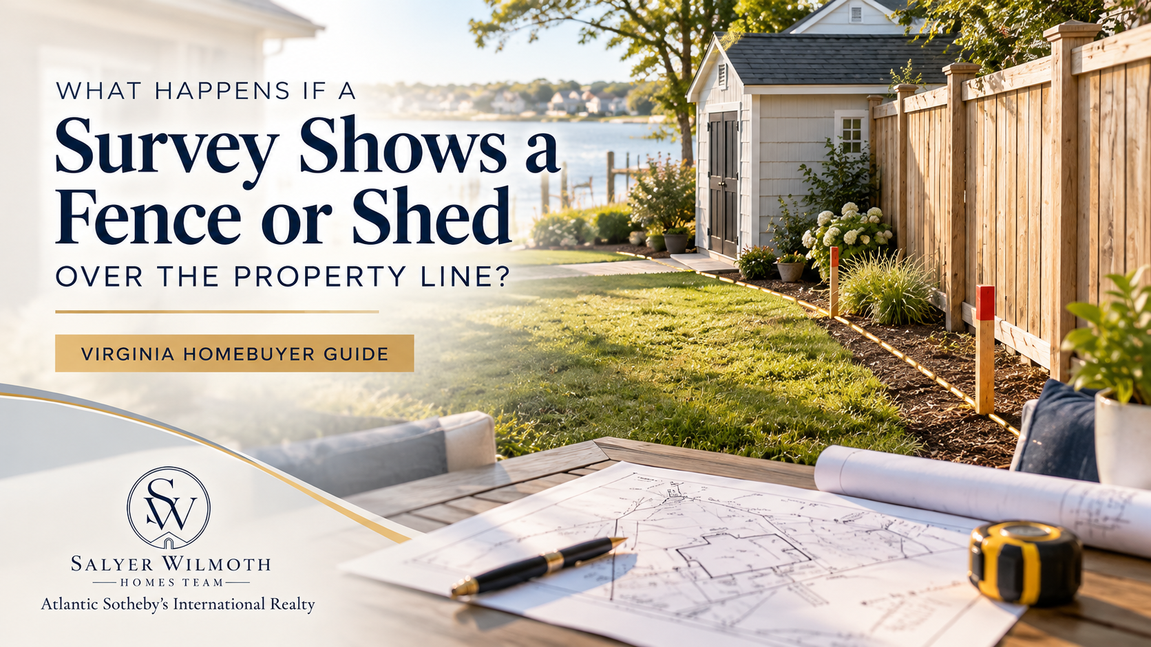 Residential property survey identifying a wooden fence that extends across a lot boundary beside an established Hampton Roads home.