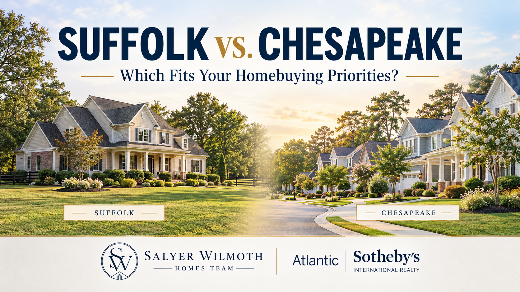 Two representative Hampton Roads residential settings comparing a spacious Suffolk single-family property and an established Chesapeake neighborhood.